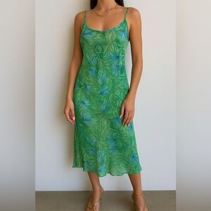 Vintage 90s Y2K green Tropical Leaf Print Sheer bow mini Slip cover up Dress M/L